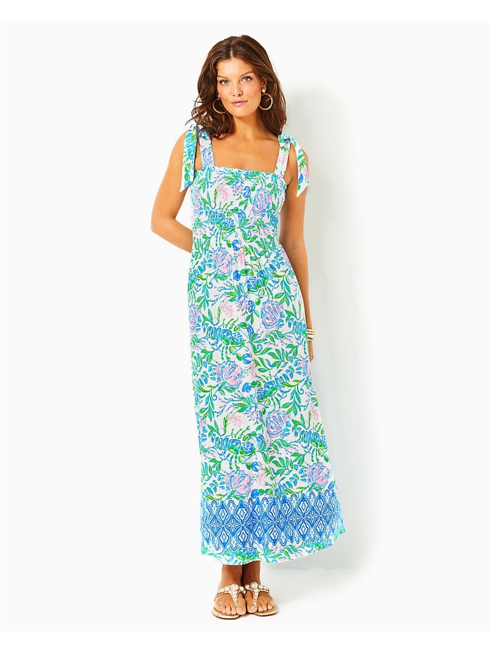 Lilly Pulitzer KAILUA SMOCKED MAXI DRESS Tie Bow Shoulders Sleeveless Large